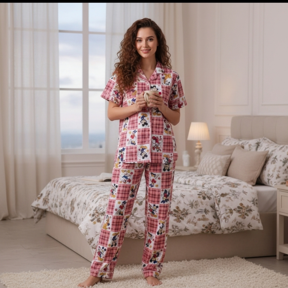 Disney Women's Pajama Set - Pink and White Mickey Mouse Plaid